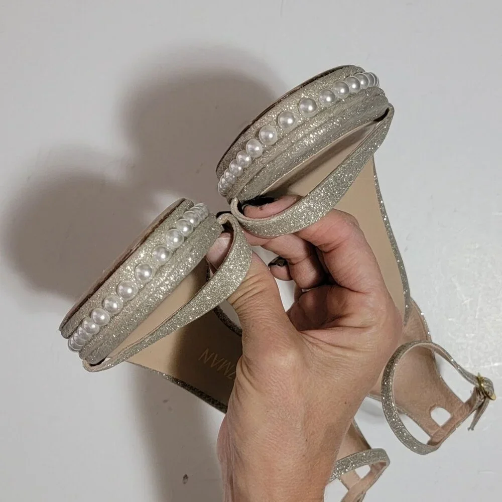 NEW Stuart Weitzman Nudistdisco Pearl Glitter Heels Womens 9.5 Glam Luxury Shiny